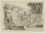 Title: Prospecting for gold. | Date: c.1865 | Technique: lithograph, printed in black ink, from one stone; hand-coloured