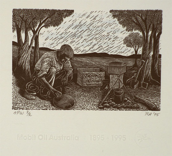 Artist: b'Atkins, Ros.' | Title: b'Gold digger 1895' | Date: 1995, July | Technique: b'wood-engraving and lithograph, printed in black and blue ink, from one plate and one stone'