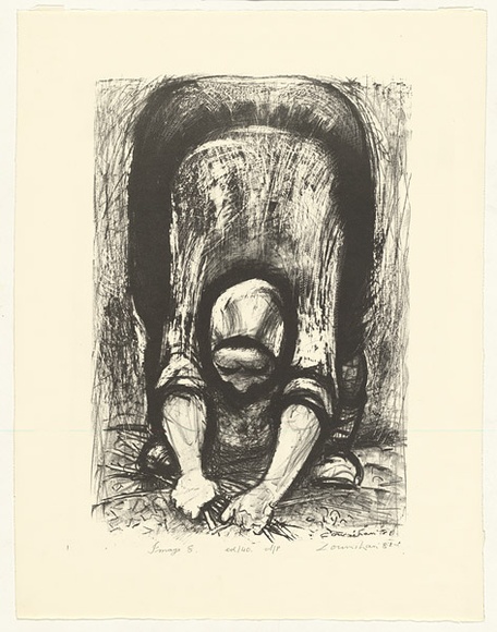 Artist: b'Counihan, Noel.' | Title: b'Woman gathering vine prunings.' | Date: 1981 | Technique: b'lithograph, printed in black ink, from one stone'