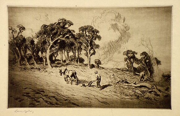 Artist: b'LINDSAY, Lionel' | Title: b'The first ploughing' | Date: 1918 | Technique: b'drypoint, printed in brown ink with plate-tone, from one plate' | Copyright: b'Courtesy of the National Library of Australia'