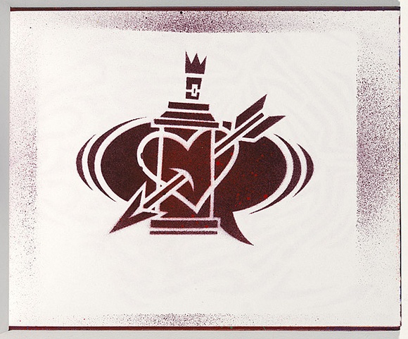 Title: b'Derailed' | Date: 2003 | Technique: b'stencil, printed in maroon and red aerosol paint, from one stencil'