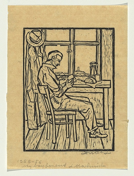 Artist: b'Groblicka, Lidia.' | Title: b'My boyfriend L Machnicki' | Date: 1955-56 | Technique: b'woodcut, printed in black ink, from one block'