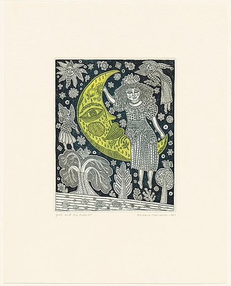 Artist: b'HANRAHAN, Barbara' | Title: b'Girl and the moon' | Date: 1990 | Technique: b'etching, printed in green with plate-tone from one plate'