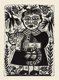 Artist: b'HANRAHAN, Barbara' | Title: b'Girl with a cat' | Date: 1988 | Technique: b'linocut, printed in black ink, from one block'