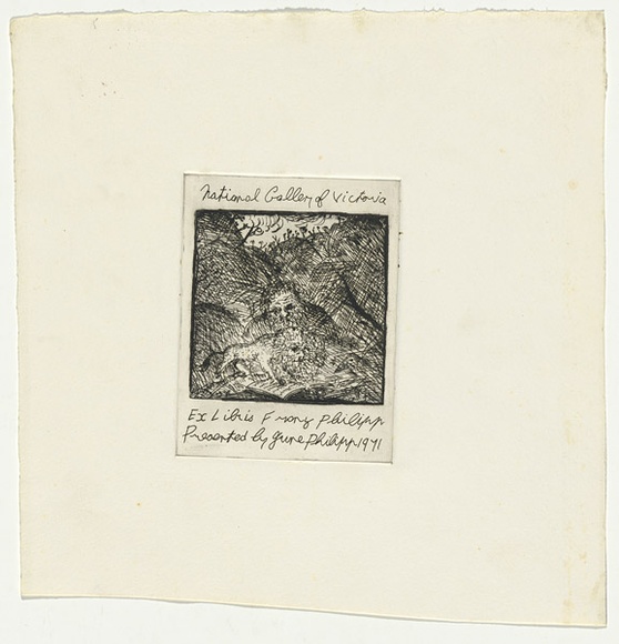 Artist: b'BOYD, Arthur' | Title: b'Book plate: Franz Philipp.' | Date: c.1971 | Technique: b'etching, printed in black ink, from one plate' | Copyright: b'Reproduced with permission of Bundanon Trust'