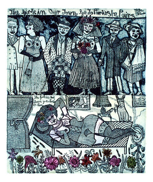 Artist: b'HANRAHAN, Barbara' | Title: b'Dream people' | Date: 1975 | Technique: b'etching, printed in colour with plate-tone'