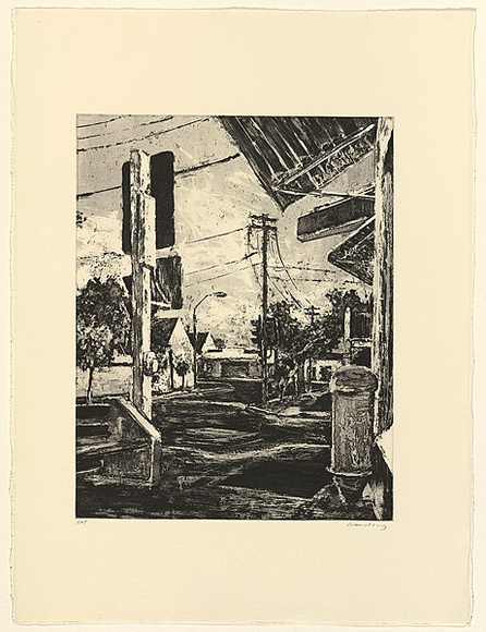 Artist: b'Harding, Nicholas.' | Title: b'not titled [Awning]' | Date: 2001 | Technique: b'etching, aquatint and open-bite, printed in black ink, from one plate'