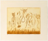 Artist: b'Blackman, Charles.' | Title: bFire won't burn stick; stick won't beat dog,... | Date: (1977) | Technique: b'drypoint, printed in colour'