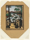 Artist: b'PRESTON, Margaret' | Title: b'Mosman Bay.' | Date: 1927 | Technique: b'woodcut, printed in black ink, from one block; hand-coloured' | Copyright: b'\xc2\xa9 Margaret Preston. Licensed by VISCOPY, Australia'