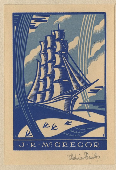 Artist: b'FEINT, Adrian' | Title: b'Bookplate: J.R. McGregor.' | Date: (1934) | Technique: b'wood-engraving, printed in colour, from two blocks in light and dark blue inks' | Copyright: b'Courtesy the Estate of Adrian Feint'