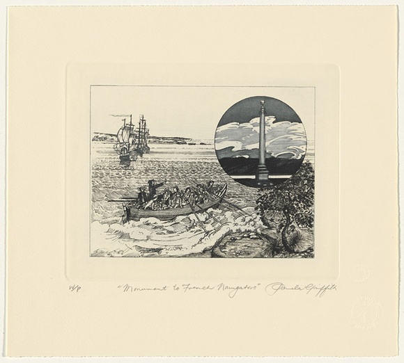 Artist: b'GRIFFITH, Pamela' | Title: b'Monument to French Navigators' | Date: 1987 | Technique: b'hardground-etching, aquatint and burnishing, printed in black ink, from one copper plate' | Copyright: b'\xc2\xa9 Pamela Griffith'