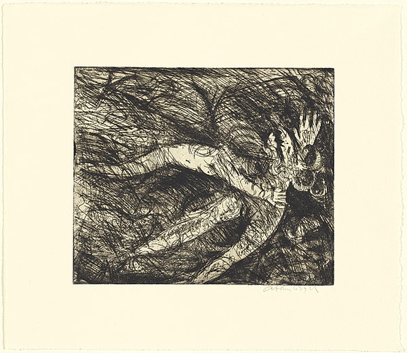 Artist: b'BOYD, Arthur' | Title: b'Nude with shark headed beast (Diana and Actaeon).' | Date: (1962-63) | Technique: b'etching and aquatint, printed in black ink, from one plate' | Copyright: b'Reproduced with permission of Bundanon Trust'