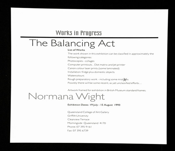 Title: b'The balancing act: catalogue booklet and list of works sheet in loose slipcase.' | Date: 1993 | Technique: b'screenprint'