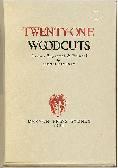 Artist: b'LINDSAY, Lionel' | Title: b'[title page] Twenty-one woodcuts' | Date: 1924 | Technique: b'woodcut, printed in red and black ink, from two blocks' | Copyright: b'Courtesy of the National Library of Australia'