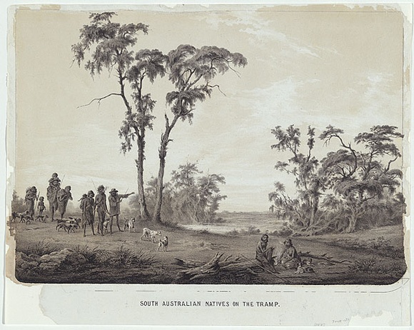 Artist: b'SCHRAMM, Alexander' | Title: b'South Australian Natives on the tramp.' | Date: c.1859 | Technique: b'chalk-lithograph, printed in colour, from two stones'