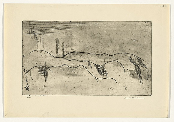 Artist: b'WILLIAMS, Fred' | Title: b'Mountain landscape. Number 2' | Date: 1965-66 | Technique: b'etching, engraving, rough biting and mezzotint rocker, printed in black ink, from one copper plate' | Copyright: b'\xc2\xa9 Fred Williams Estate'