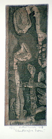 Artist: b'WICKS, Arthur' | Title: b'Landscape form' | Date: 1966 | Technique: b'etching and aquatint, printed in colour'