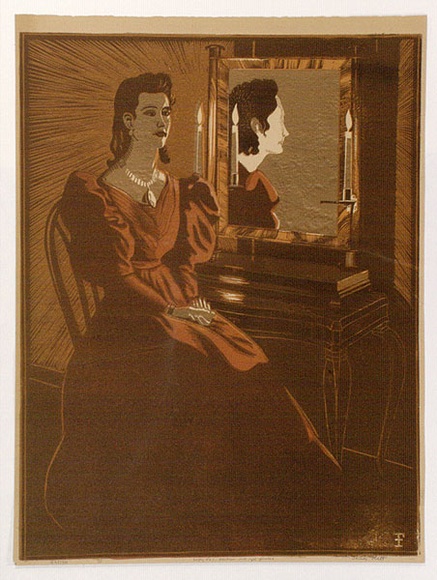 Artist: b'Flett, James.' | Title: b'The mirror.' | Date: c.1930 | Technique: b'linocut, printed in colour, from multiple blocks'