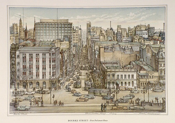 Artist: b'Freedman, Harold.' | Title: b'Bourke Street.' | Date: 1962 | Technique: b'lithograph'