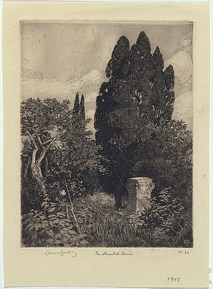 Artist: b'LINDSAY, Lionel' | Title: b'The deserted shrine.' | Date: 1907 | Technique: b'etching and aquatint, printed in warm black ink, from one copper plate' | Copyright: b'Courtesy of the National Library of Australia'