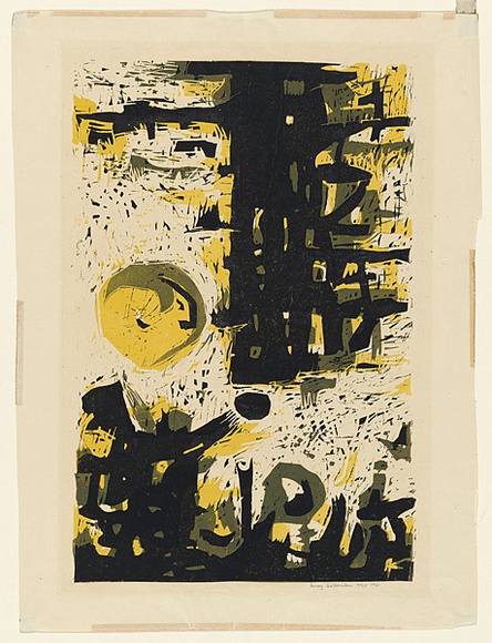 Artist: b'Salkauskas, Henry.' | Title: b'(Black and yellow on white abstract)' | Date: 1961 | Technique: b'linocut, printed in colour, from three blocks' | Copyright: b'\xc2\xa9 Eva Kubbos'