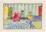 Artist: Eager, Helen. | Title: (Lounge room with red arm chair). | Date: 1975 | Technique: lithograph, printed in colour, from multiple plates