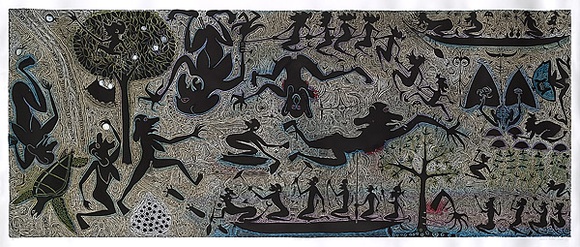 Artist: Nona, Dennis. | Title: Dhogai Zug | Date: 2005 | Technique: linocut, printed in black ink, from one block; hand-coloured | Copyright: Courtesy of the artist and the Australia Art Print Network
