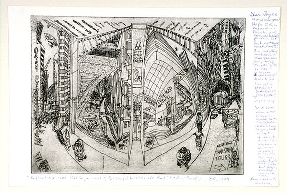 Artist: b'Rooney, Elizabeth.' | Title: b'Reflections 1989 Pitt Street, a sort of post script to 1988 and all that' | Date: 1989 | Technique: b'etching and aquatint printed in black ink with plate-tone, from one plate; pencil additions'