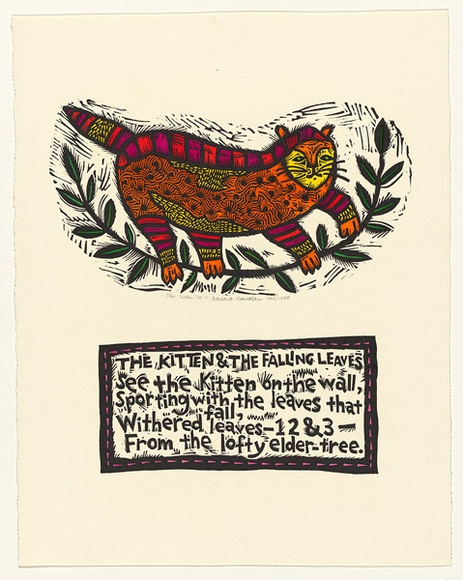 Artist: b'HANRAHAN, Barbara' | Title: b'The kitten' | Date: 1962 | Technique: b'linocut, printed in black ink, from two blocks; hand-coloured'