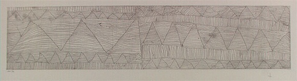 Artist: b'Kantilla, Kitty. (Kutuwalumi Purawarrumpatu).' | Title: b'not titled [abstract linear design with zig-zags]' | Date: 1996 | Technique: b'etching, printed in black ink, from one plate' | Copyright: b'\xc2\xa9 Kitty Kantilla and Jilamara Arts + Craft'