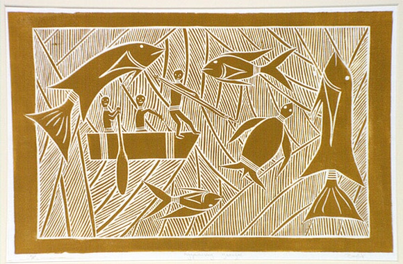 Artist: b'Marika, Banduk.' | Title: b'Miyapunuwuy Nyarrunyan' | Date: 1986 | Technique: b'linocut, printed in yellow ink, from one block'