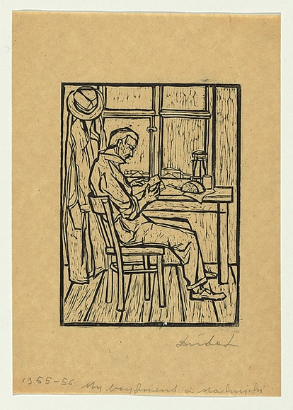 Artist: b'Groblicka, Lidia.' | Title: b'My boyfriend L Machnicki' | Date: 1955-56 | Technique: b'woodcut, printed in black ink, from one block'