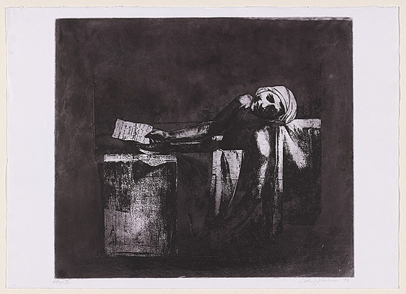 Artist: b'Jenkins, Cathie.' | Title: b'not titled [study from David - man in bath]' | Date: 1992, July | Technique: b'etching, photo-etching and drypoint, printed in black/brown ink, from one plate'