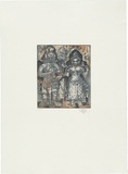 Title: b'Preah Khan, two figures' | Date: 1999 | Technique: b'softground-etching and aquatint, printed in colour, from two plates'