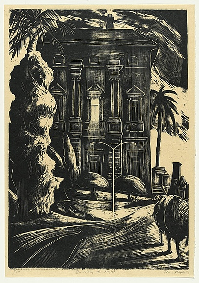 Artist: b'AMOR, Rick' | Title: b'Building at night.' | Date: 1990 | Technique: b'woodcut, printed in black ink, from one block'