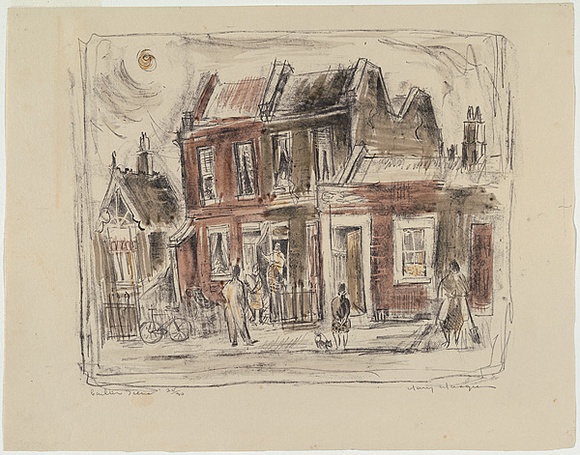 Artist: b'MACQUEEN, Mary' | Title: b'Carlton scene' | Date: 1956 | Technique: b'lithograph, printed in black ink, from one plate; hand-coloured' | Copyright: b'Courtesy Paulette Calhoun, for the estate of Mary Macqueen'
