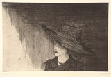 Artist: Crawford, Marian. | Title: not titled [woman with hat] | Date: 1992 | Technique: etching printed in black ink, from one plate