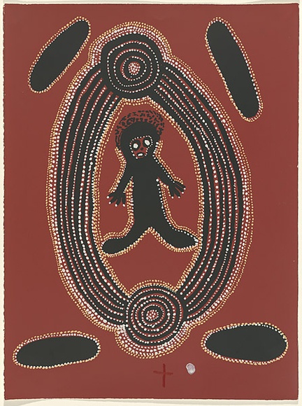 Artist: b'Tjungarranyi, Willi.' | Title: b'not titled [human figure in oval].' | Date: 1979 | Technique: b'screenprint, printed in colour, from five stencils'