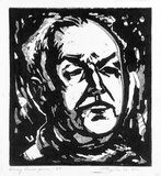 Artist: b'Taylor, John H.' | Title: b'Harry Rosengrave [1].' | Date: 1973 | Technique: b'linocut, printed in black and grey  ink, from two blocks'