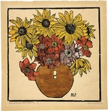 Artist: b'PRESTON, Margaret' | Title: b'Dahlia and sunflower' | Date: 1933 | Technique: b'woodcut, printed in black ink, from one block; hand-coloured' | Copyright: b'\xc2\xa9 Margaret Preston. Licensed by VISCOPY, Australia'