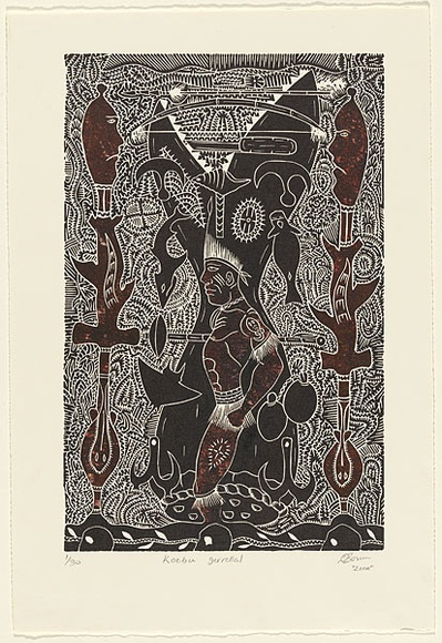 Artist: b'Bosun, David.' | Title: b'Kobu Gerrellal' | Date: 2000 | Technique: b'linocut, printed in black ink, from one block; hand-coloured'