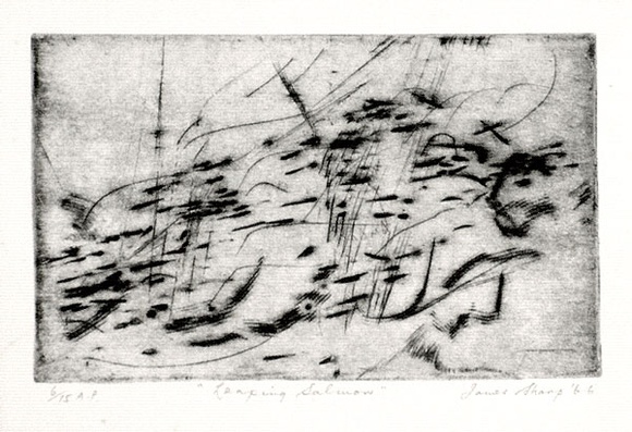 Artist: Sharp, James. | Title: Leaping salmon | Date: 1966 | Technique: drypoint, printed in black ink, with plate-tone, from one plate | Copyright: © Estate of James Sharp