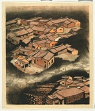 Artist: Thorpe, Lesbia. | Title: Taiwan village, number 2 | Date: 1977 | Technique: woodcut, printed in colour, from four blocks