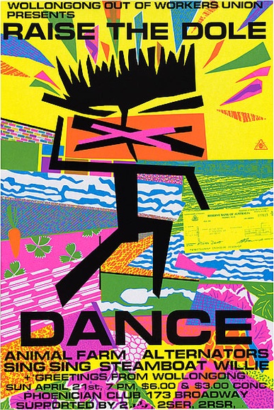 Artist: b'CALLAGHAN, Michael' | Title: b'Raise the dole dance.' | Date: 1984 | Technique: b'screenprint, printed in colour, from four stencils' | Copyright: b'\xc2\xa9 Michael Callaghan'