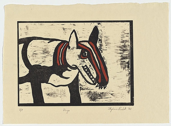 Artist: b'Radok, Stephanie.' | Title: b'Dingo' | Date: 1982 | Technique: b'woodcut, printed in colour, from multiple blocks' | Copyright: b'\xc2\xa9 Stephanie Radok'