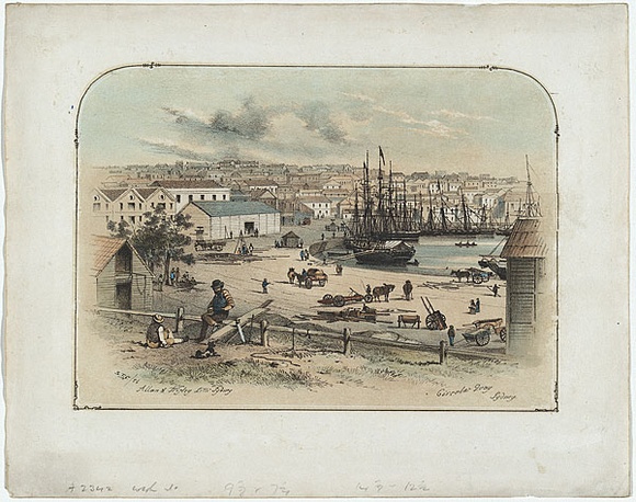 Artist: b'GILL, S.T.' | Title: b'Circular Quay, Sydney.' | Date: 1856 | Technique: b'lithograph, printed in black ink, from one stone; hand-coloured'