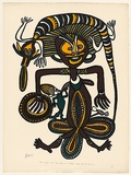 Title: Meri i givim susu long pikinini na palai i silip long het bilong on [Woman breastfeeds baby with lizard sleeping on her head] | Date: c.1977 | Technique: screenprint, printed in colour, from four screens