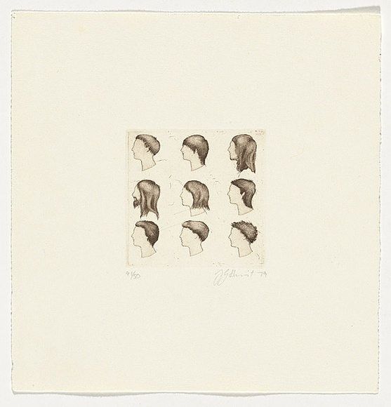 Artist: b'Hirst, George.' | Title: b'not titled [nine male profiles]' | Date: 1979 | Technique: b'etching, printed in dark brown ink with plate-tone, from one plate'