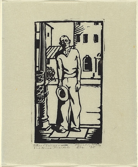 Artist: b'Hall, Oswald.' | Title: b'Street singer, Victoria markets.' | Date: 1935 | Technique: b'linocut, printed in black ink, from one block'