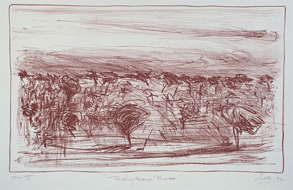 Artist: b'Trenfield, Wells.' | Title: b'Passing through Pinarroo' | Date: 1985 | Technique: b'lithograph, printed in deep red ink, from one stone'